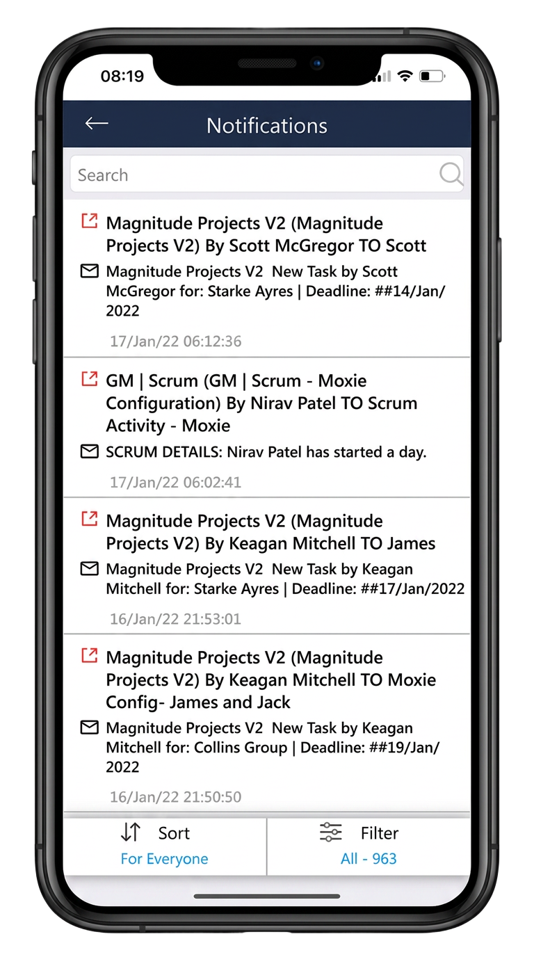 Magnitude app notifications feed with assigned tasks and deadlines