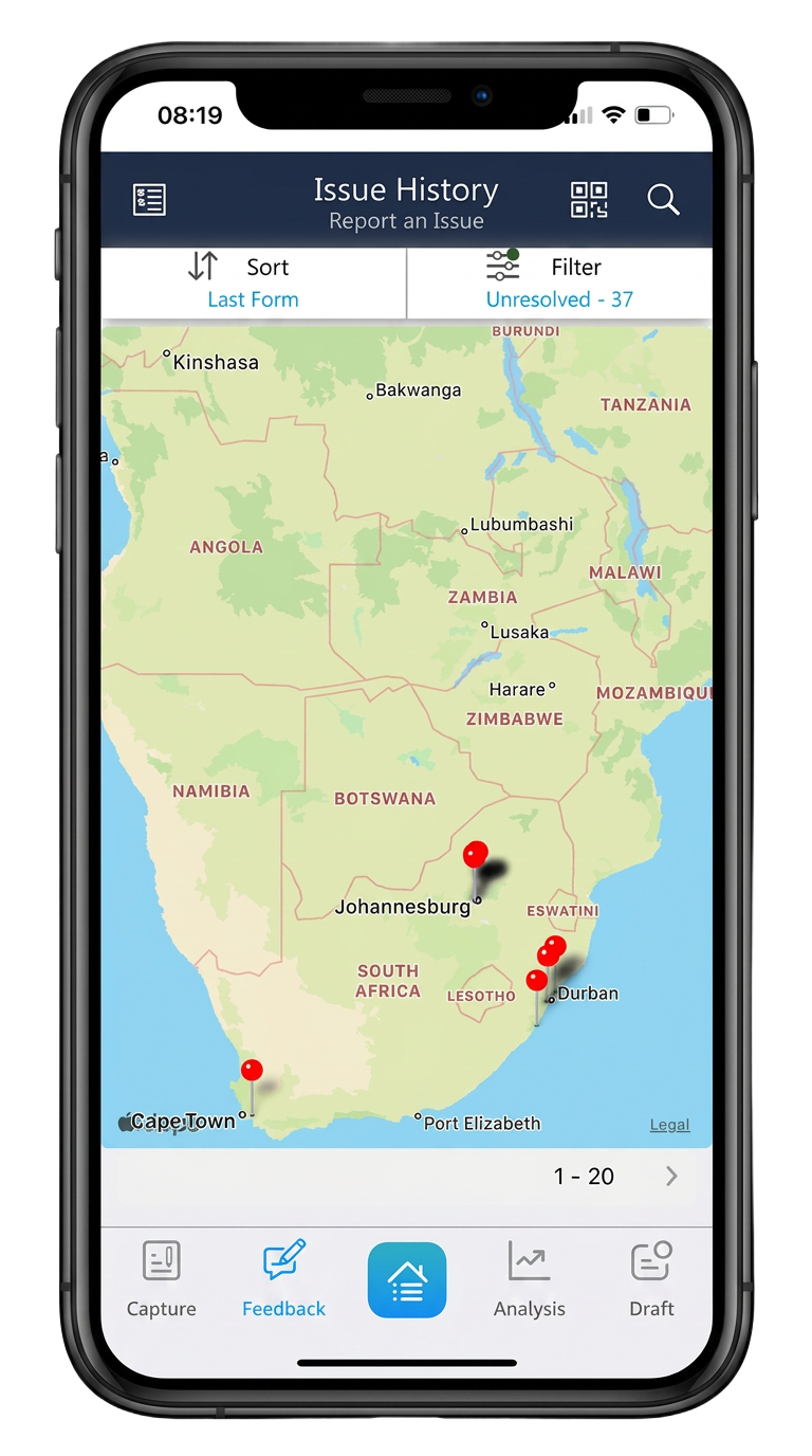 Magnitude app geo-location map of reported issues across South Africa